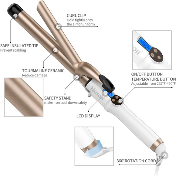 Hoson 1” Ceramic Tourmaline Curling Iron w/LCD Display and 9 Heat Settings - Picture 5 of 6